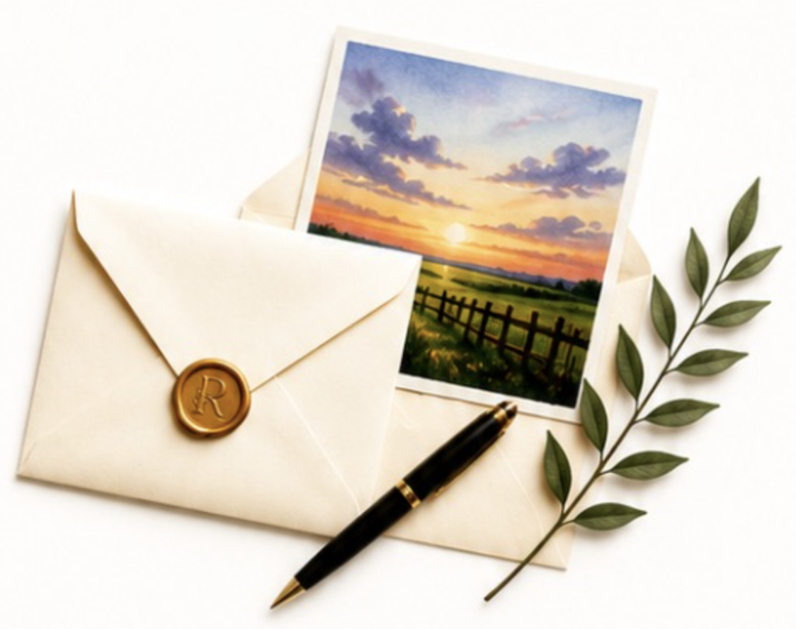 Wax-sealed envelope with art print and pen